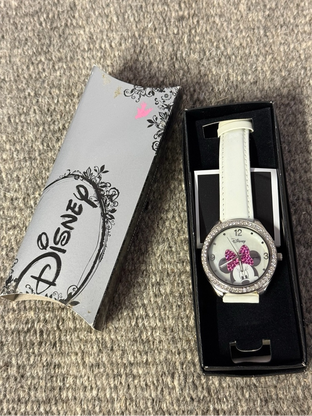 Disney Women's White Strap Watch with Pink Minnie Bow